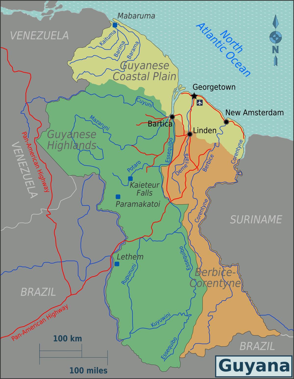 východní pobřeží demerara Guyana mapa