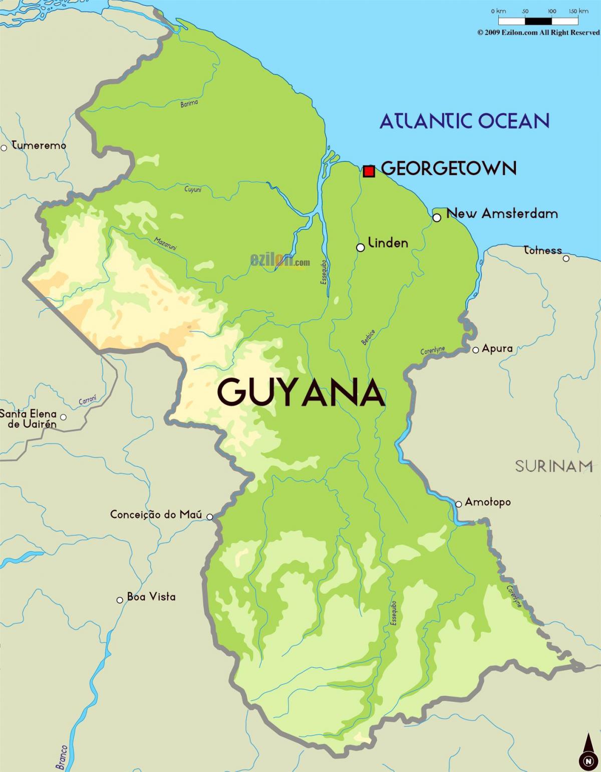 mapa fyzická mapa Guyana