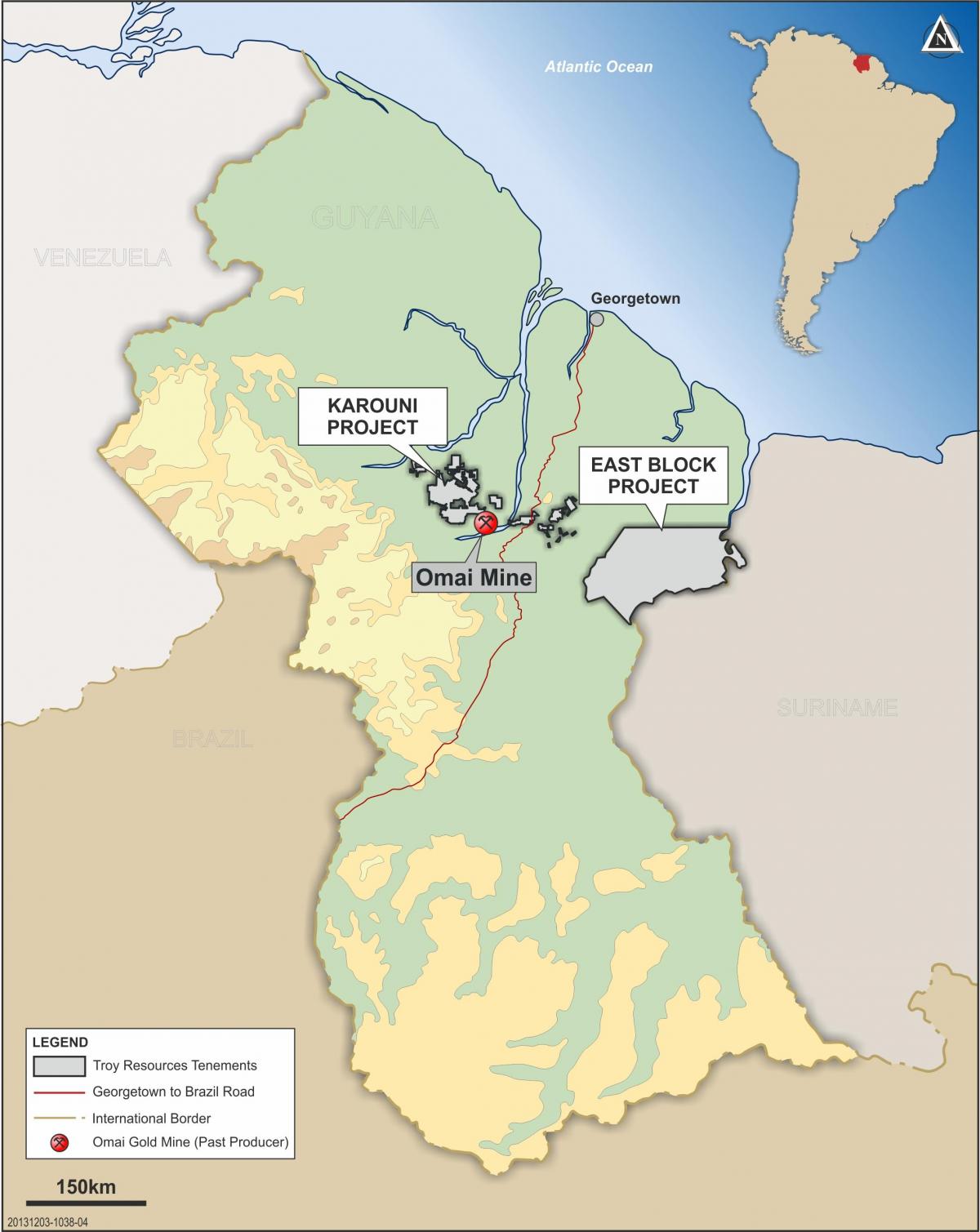 mapa Guyany ukazuje nerostných zdrojů