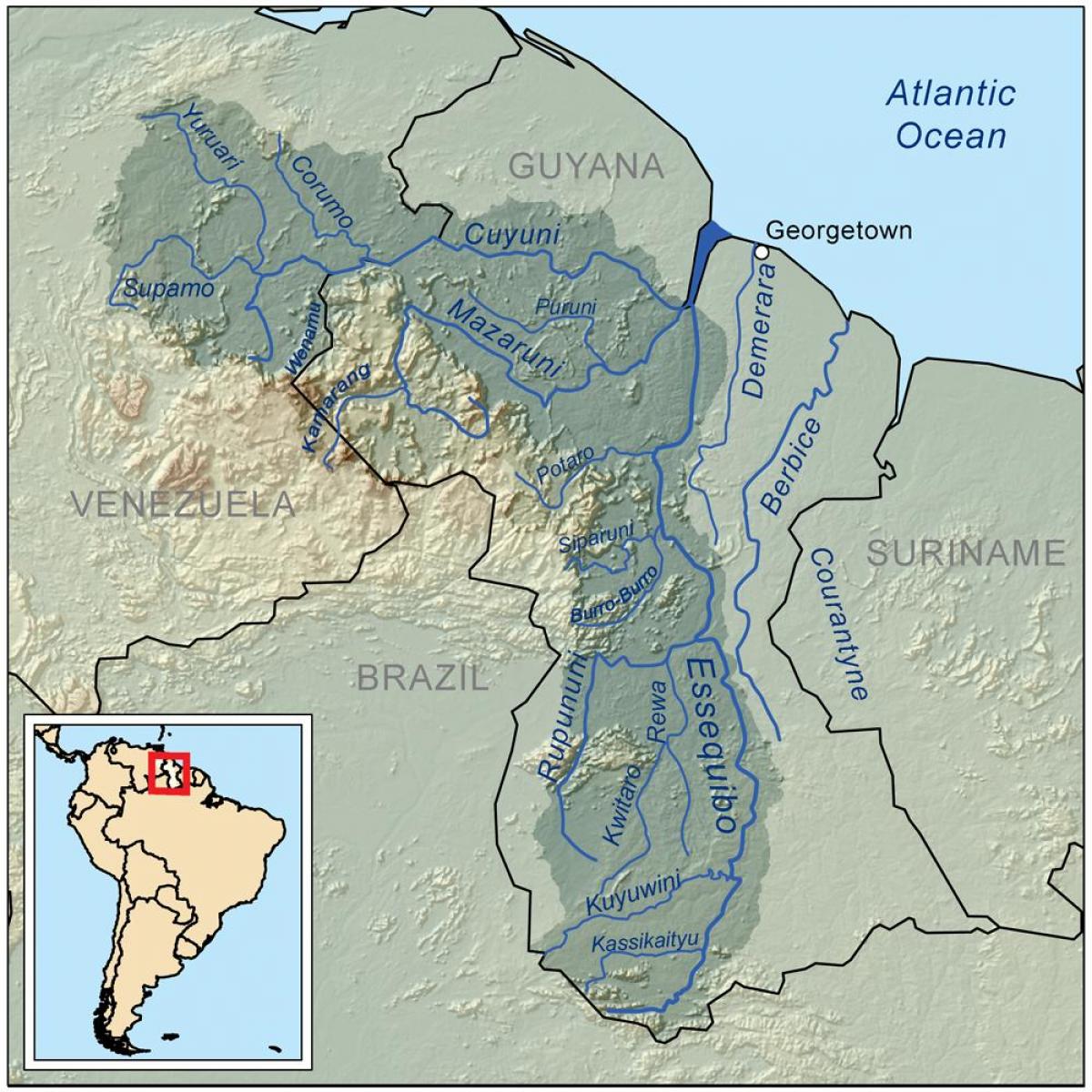 mapa Guyany ukazuje tři hlavní řeky