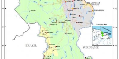 Mapa Guyany ukazuje 4 přírodní regiony