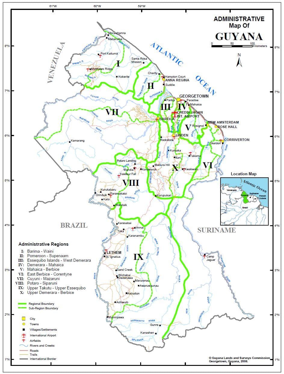 mapa Guyany ukazuje regionů