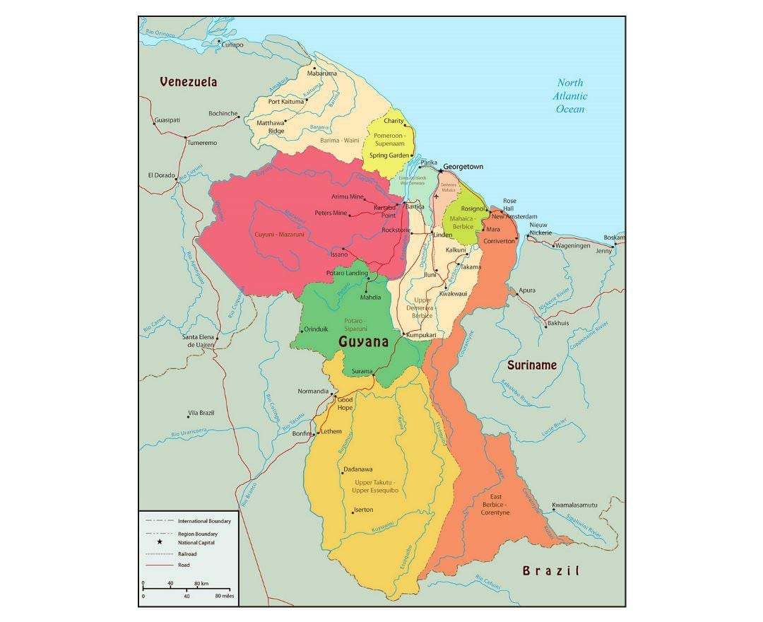 mapa Guyany ukazuje 10 krajů