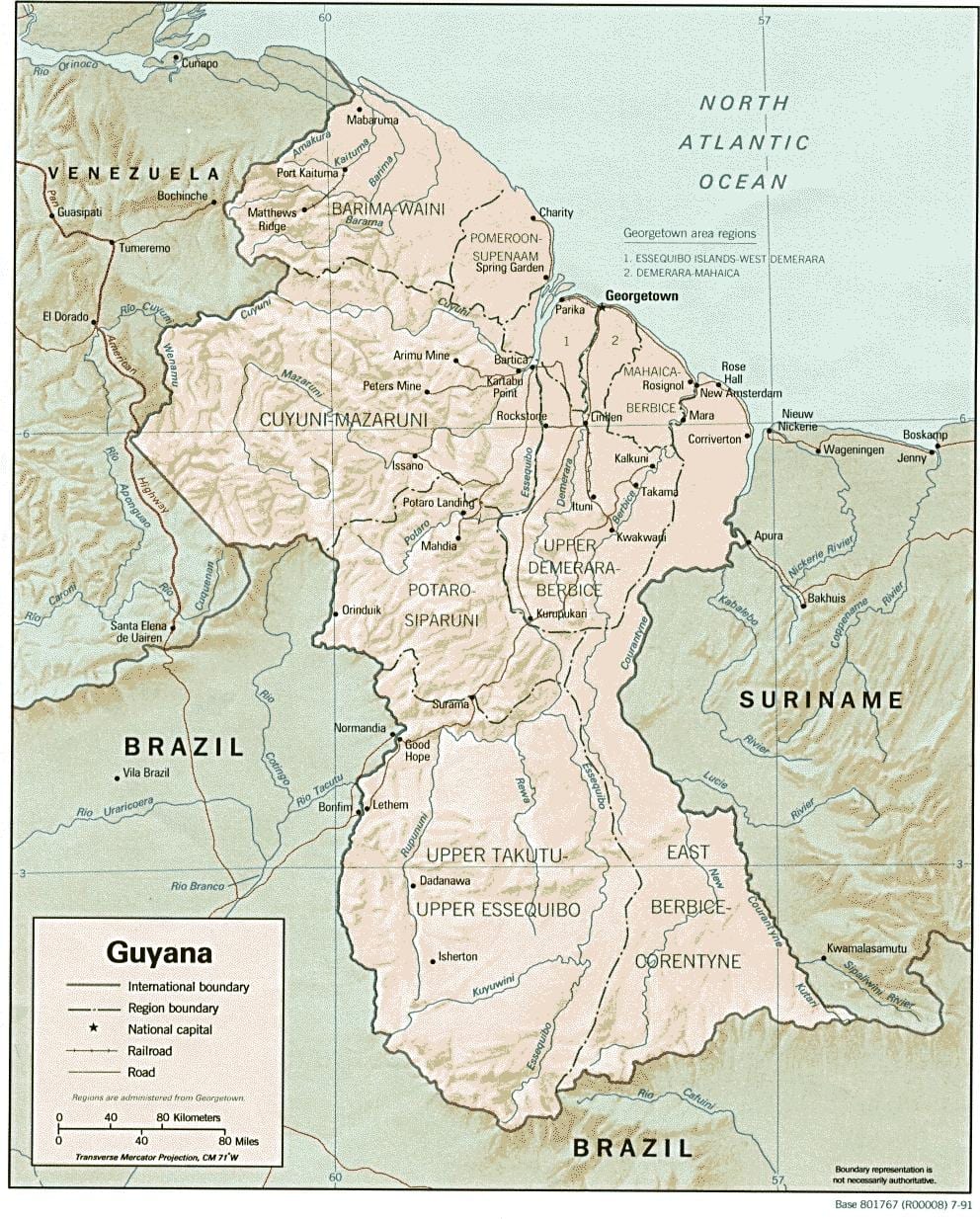 mapa ukazuje indiánské osady v Guyana