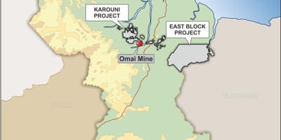 Mapa Guyany ukazuje nerostných zdrojů
