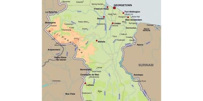 Mapa Guyany ukazuje měst