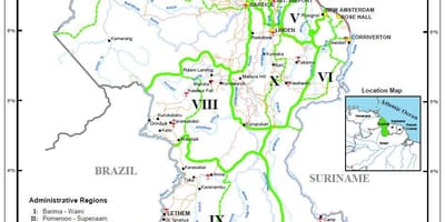 Mapa Guyany ukazuje deset krajů