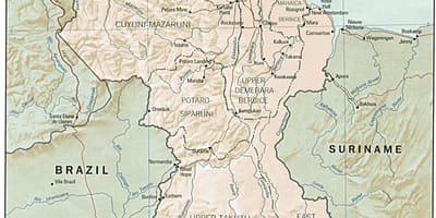 Mapa Guyany ukazuje tři kraje